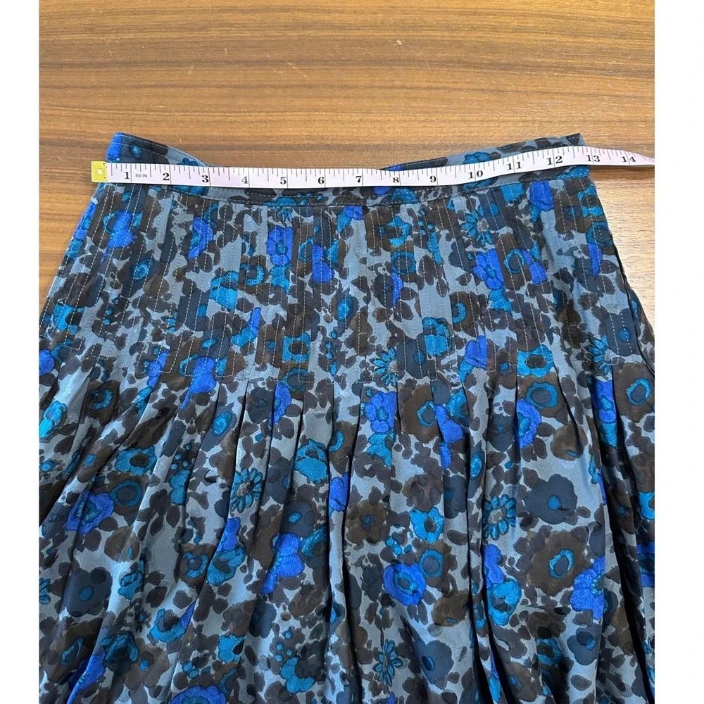 Valentino Miss V Skirt Set 100% Silk Women 8 Blue Brown Floral Pleated Vintage